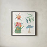 Wings and Things V by Dina June. Shown in a sleek black glass frame for a contemporary gallery look. Available as an archival giclee rolled canvas, fine art paper, or poster print. SKU 92861a.