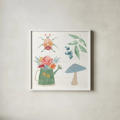 Wings and Things V by Dina June. Shown in a crisp white glass frame for a clean and minimalist style. Available as an archival giclee rolled canvas, fine art paper, or poster print. SKU 92861a.