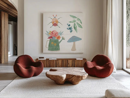 Wings and Things V by Dina June. Shown as extra-large giant wall art in a modern living room. Available as an archival giclee rolled canvas, fine art paper, or poster print. SKU 92861a.