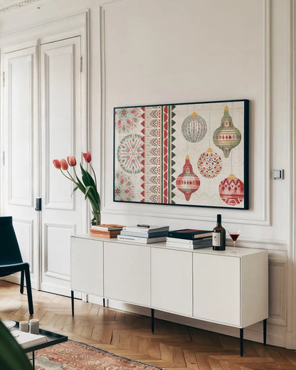 Winter Moment I by Dina June. shown as a framed stretched canvas in a living room above a console. Available as a archival giclee rolled canvas, fine art paper, or poster print. SKU 75243i.