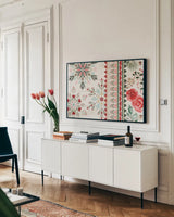 Winter Moment II by Dina June. shown as a framed stretched canvas in a living room above a console. Available as a archival giclee rolled canvas, fine art paper, or poster print. SKU 75244i.