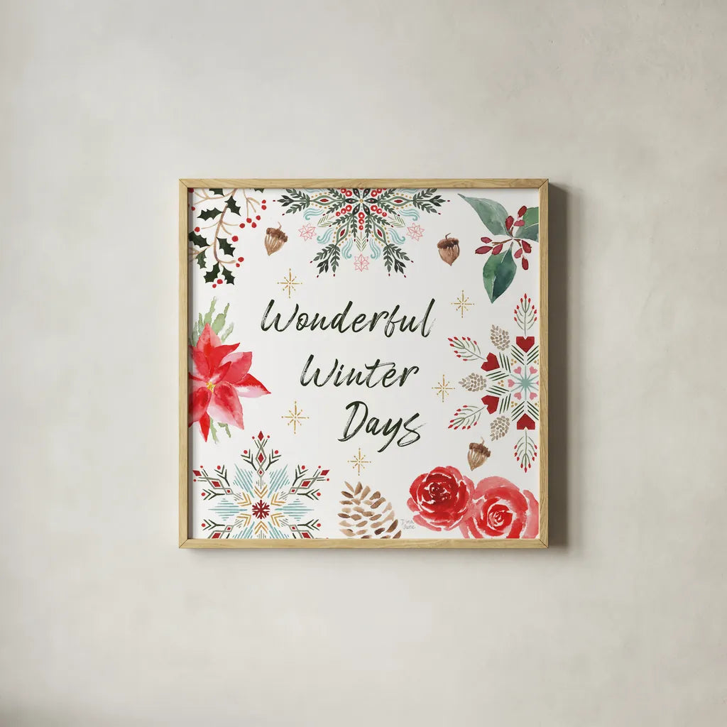 Winter Moment V on White by Dina June. Shown in a natural wood glass frame for a timeless modern aesthetic. Available as an archival giclee rolled canvas, fine art paper, or poster print. SKU 75440a.