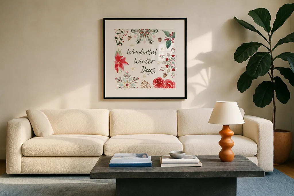 Winter Moment V on White by Dina June. Displayed in a glass frame with matte in a clean modern living room. Available as an archival giclee rolled canvas, fine art paper, or poster print. SKU 75440a.