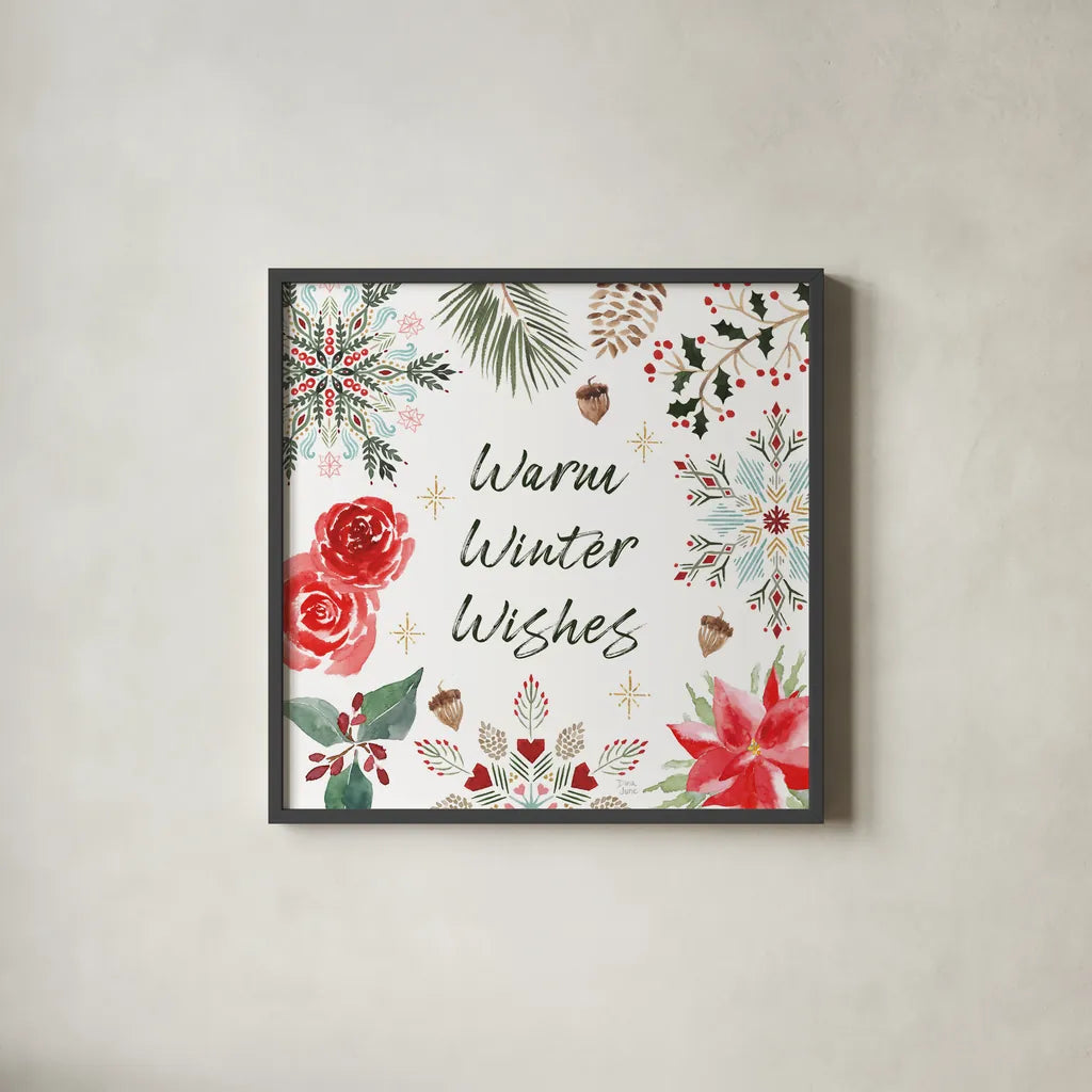 Winter Moment VI on White by Dina June. Shown in a sleek black glass frame for a contemporary gallery look. Available as an archival giclee rolled canvas, fine art paper, or poster print. SKU 75439a.