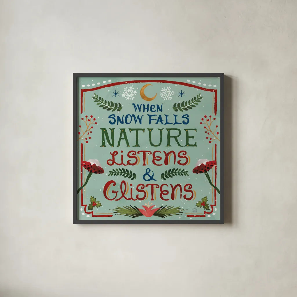 Winter Of Wonder V by Dina June. Shown in a sleek black glass frame for a contemporary gallery look. Available as an archival giclee rolled canvas, fine art paper, or poster print. SKU 87479a.