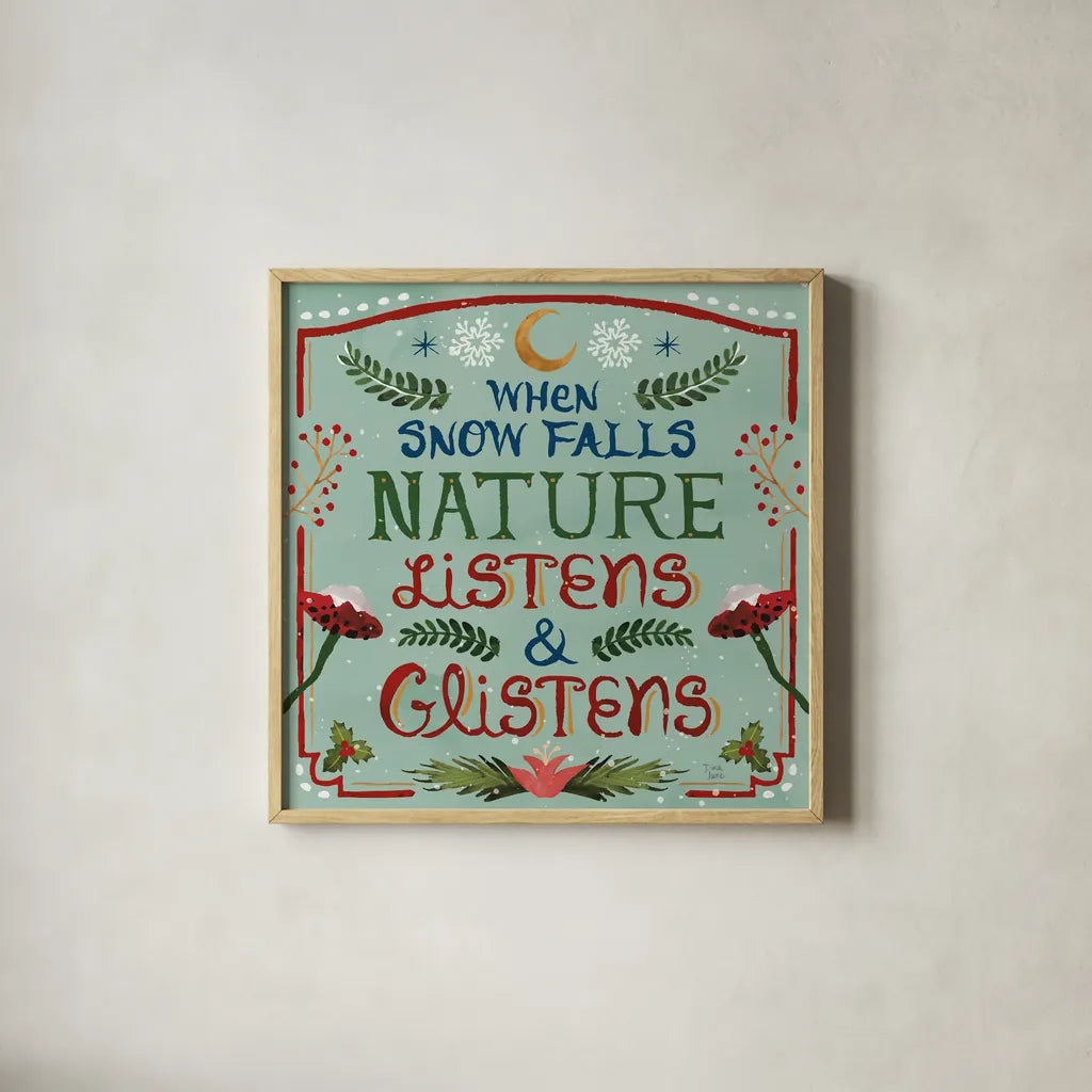 Winter Of Wonder V by Dina June. Shown in a natural wood glass frame for a timeless modern aesthetic. Available as an archival giclee rolled canvas, fine art paper, or poster print. SKU 87479a.