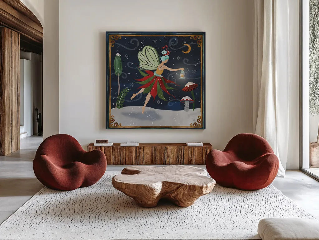 Winter Of Wonder VI by Dina June. Shown as extra-large giant wall art in a modern living room. Available as an archival giclee rolled canvas, fine art paper, or poster print. SKU 87480a.