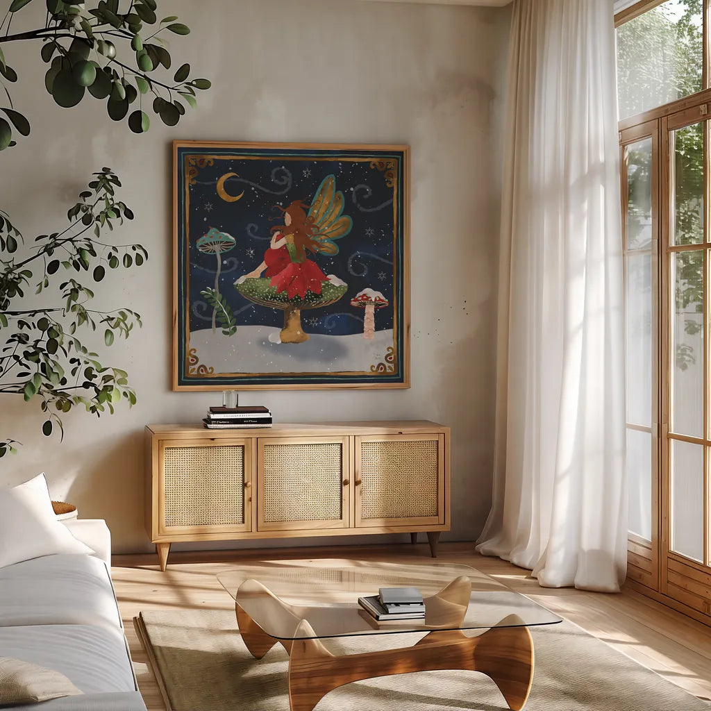 Winter Of Wonder VII by Dina June. Shown in a natural wood frame in a cozy modern living room. Available as an archival giclee rolled canvas, fine art paper, or poster print. SKU 87481a.