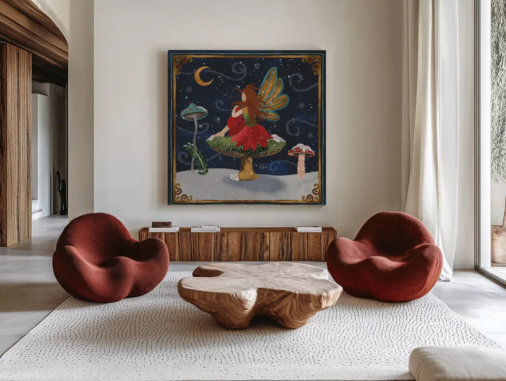Winter Of Wonder VII by Dina June. Shown as extra-large giant wall art in a modern living room. Available as an archival giclee rolled canvas, fine art paper, or poster print. SKU 87481a.