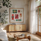 Winter Wonder IV by Dina June. Shown in a natural wood frame in a cozy modern living room. Available as an archival giclee rolled canvas, fine art paper, or poster print. SKU 89620a.