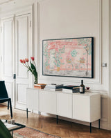 World Tour I by Dina June. shown as a framed stretched canvas in a living room above a console. Available as a archival giclee rolled canvas, fine art paper, or poster print. SKU 69403i.