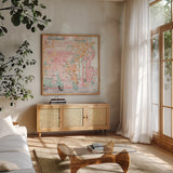 World Tour II by Dina June. Shown in a natural wood frame in a cozy modern living room. Available as an archival giclee rolled canvas, fine art paper, or poster print. SKU 69404a.