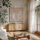 World Tour III by Dina June. Shown in a natural wood frame in a cozy modern living room. Available as an archival giclee rolled canvas, fine art paper, or poster print. SKU 69405a.