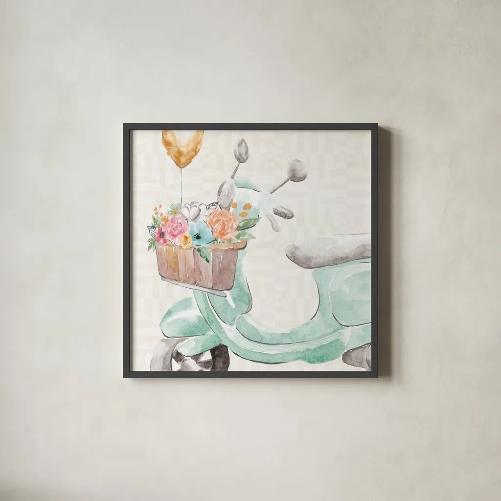 World Tour IX by Dina June. Shown in a sleek black glass frame for a contemporary gallery look. Available as an archival giclee rolled canvas, fine art paper, or poster print. SKU 69411a.