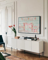 World Tour XIV by Dina June. shown as a framed stretched canvas in a living room above a console. Available as a archival giclee rolled canvas, fine art paper, or poster print. SKU 70420i.