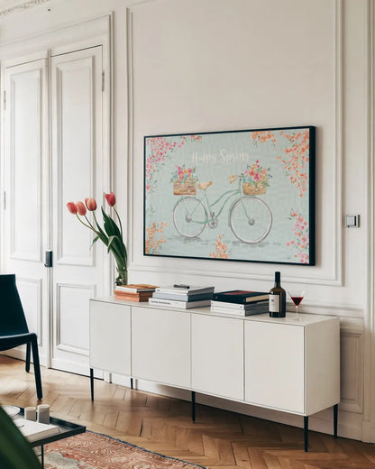 World Tour XIV Bicycle by Dina June. shown as a framed stretched canvas in a living room above a console. Available as a archival giclee rolled canvas, fine art paper, or poster print. SKU 74412i.