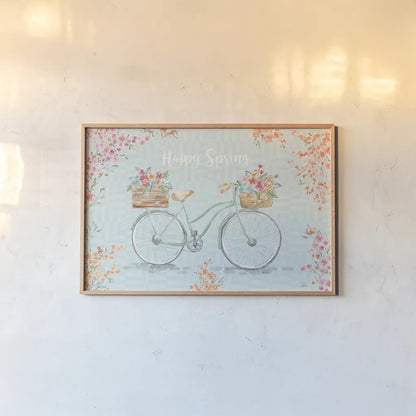 World Tour XIV Bicycle by Dina June. shown as a paper print in a natural frame. Available as a archival giclee rolled canvas, fine art paper, or poster print. SKU 74412i.