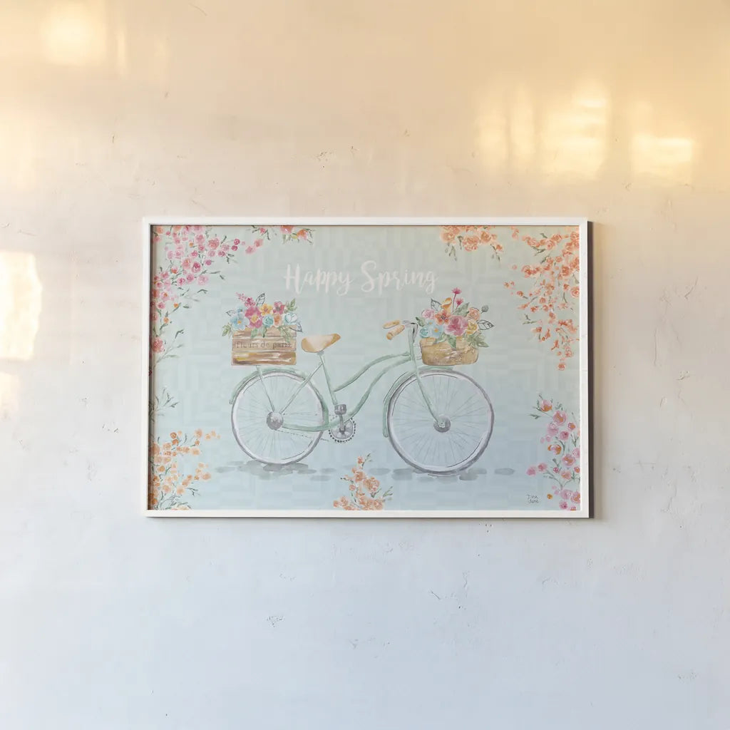 World Tour XIV Bicycle by Dina June. shown as a paper print in a white frame. Available as a archival giclee rolled canvas, fine art paper, or poster print. SKU 74412i.