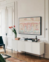 World Tour XV by Dina June. shown as a framed stretched canvas in a living room above a console. Available as a archival giclee rolled canvas, fine art paper, or poster print. SKU 70421i.