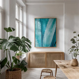 Abstract Agava III Color by Elizabeth Urquhart. shown as a print in a natural wood frame in a dining room. Available as a archival giclee rolled canvas, fine art paper, or poster print. SKU 33235h.