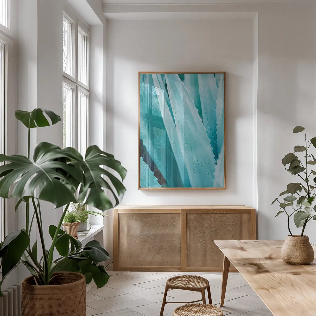 Abstract Agava IV Color by Elizabeth Urquhart. shown as a print in a natural wood frame in a dining room. Available as a archival giclee rolled canvas, fine art paper, or poster print. SKU 33236h.