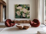 Apple Blossoms I Crop by Elizabeth Urquhart. Shown as extra-large giant wall art in a modern living room. Available as an archival giclee rolled canvas, fine art paper, or poster print. SKU 23799a.