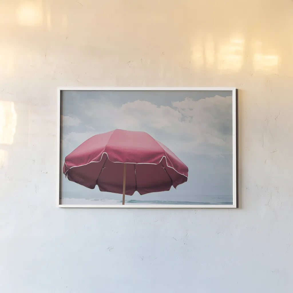 Beach Bliss I by Elizabeth Urquhart. shown as a paper print in a white frame. Available as a archival giclee rolled canvas, fine art paper, or poster print. SKU 33204i.