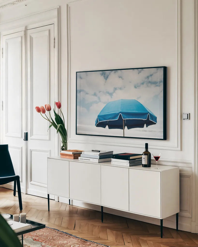 Beach Bliss II by Elizabeth Urquhart. shown as a framed stretched canvas in a living room above a console. Available as a archival giclee rolled canvas, fine art paper, or poster print. SKU 33205i.