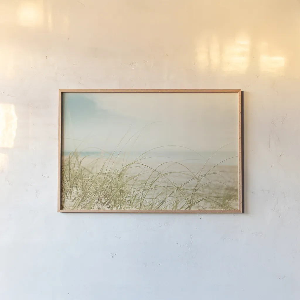Beach Grass V Light by Elizabeth Urquhart. shown as a paper print in a natural frame. Available as a archival giclee rolled canvas, fine art paper, or poster print. SKU 71694i.