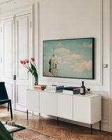 Blissful Country II by Elizabeth Urquhart. shown as a framed stretched canvas in a living room above a console. Available as a archival giclee rolled canvas, fine art paper, or poster print. SKU 23775i.