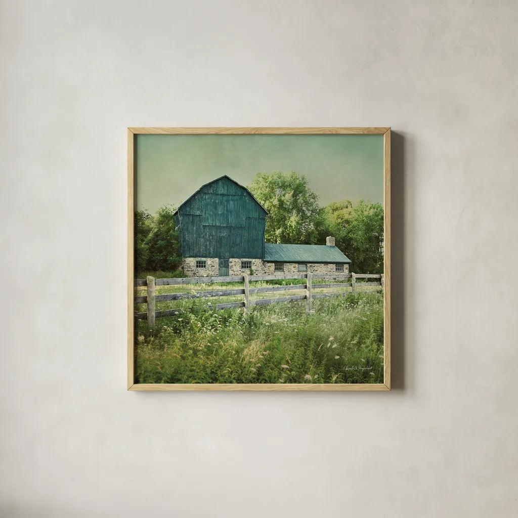 Blissful Country III Crop by Elizabeth Urquhart. Shown in a natural wood glass frame for a timeless modern aesthetic. Available as an archival giclee rolled canvas, fine art paper, or poster print. SKU 23776a.