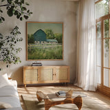 Blissful Country III Crop by Elizabeth Urquhart. Shown in a natural wood frame in a cozy modern living room. Available as an archival giclee rolled canvas, fine art paper, or poster print. SKU 23776a.