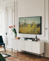 Blissful Country IV by Elizabeth Urquhart. shown as a framed stretched canvas in a living room above a console. Available as a archival giclee rolled canvas, fine art paper, or poster print. SKU 23777i.