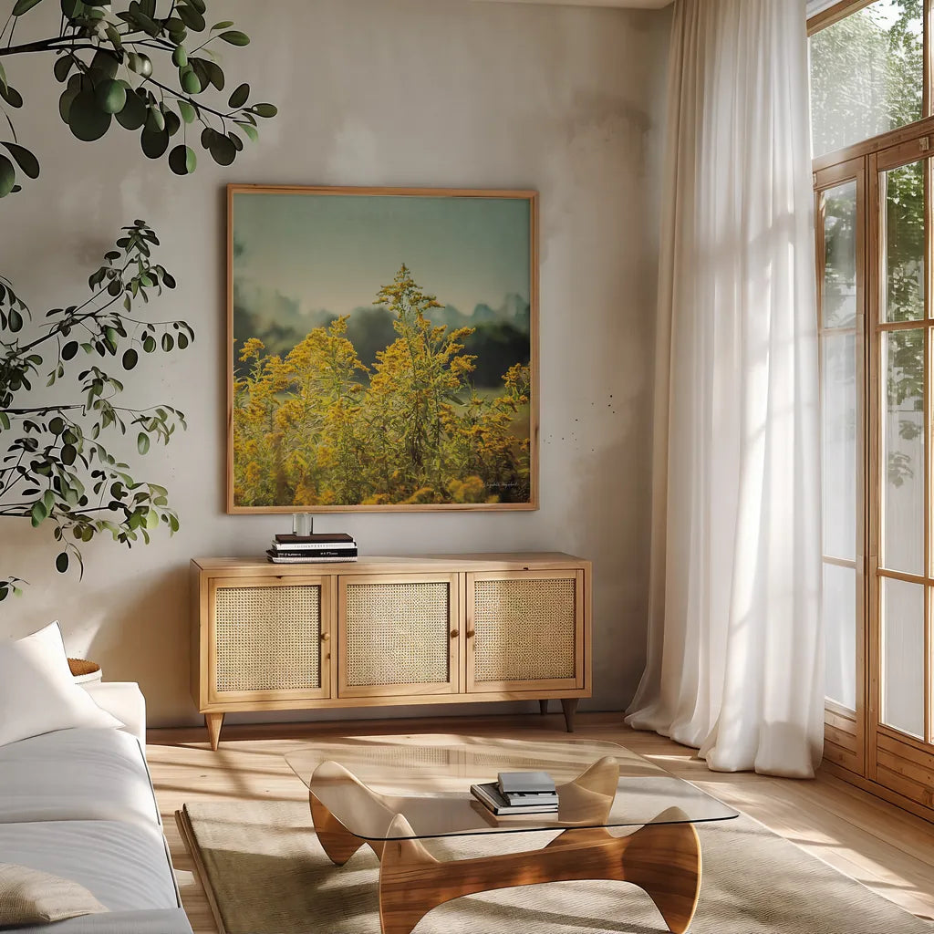 Blissful Country IV Crop by Elizabeth Urquhart. Shown in a natural wood frame in a cozy modern living room. Available as an archival giclee rolled canvas, fine art paper, or poster print. SKU 23777a.
