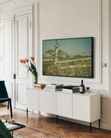 Blissful Country V by Elizabeth Urquhart. shown as a framed stretched canvas in a living room above a console. Available as a archival giclee rolled canvas, fine art paper, or poster print. SKU 23778i.