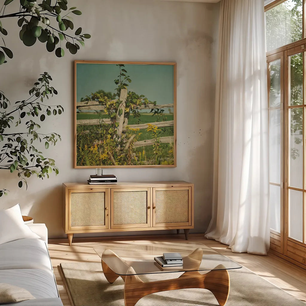 Blissful Country V Crop by Elizabeth Urquhart. Shown in a natural wood frame in a cozy modern living room. Available as an archival giclee rolled canvas, fine art paper, or poster print. SKU 23778a.