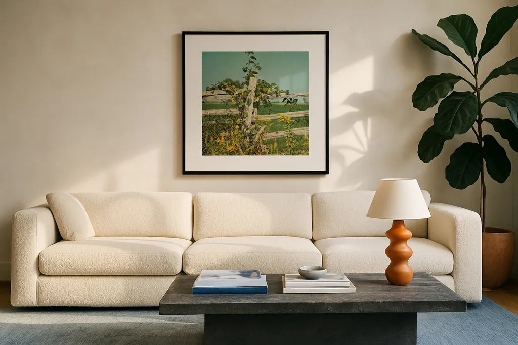 Blissful Country V Crop by Elizabeth Urquhart. Displayed in a glass frame with matte in a clean modern living room. Available as an archival giclee rolled canvas, fine art paper, or poster print. SKU 23778a.