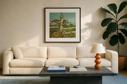 Blissful Country V Crop by Elizabeth Urquhart. Displayed in a glass frame with matte in a clean modern living room. Available as an archival giclee rolled canvas, fine art paper, or poster print. SKU 23778a.