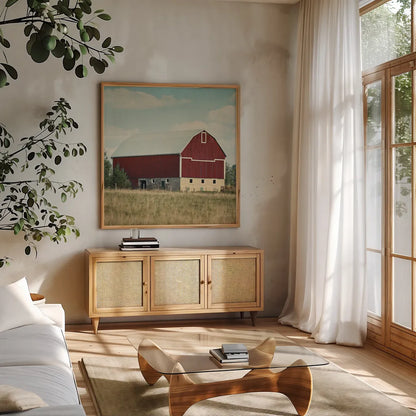 Blissful Country VI Crop by Elizabeth Urquhart. Shown in a natural wood frame in a cozy modern living room. Available as an archival giclee rolled canvas, fine art paper, or poster print. SKU 23779a.