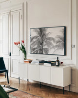 Breezy I by Elizabeth Urquhart. shown as a framed stretched canvas in a living room above a console. Available as a archival giclee rolled canvas, fine art paper, or poster print. SKU 50751i.