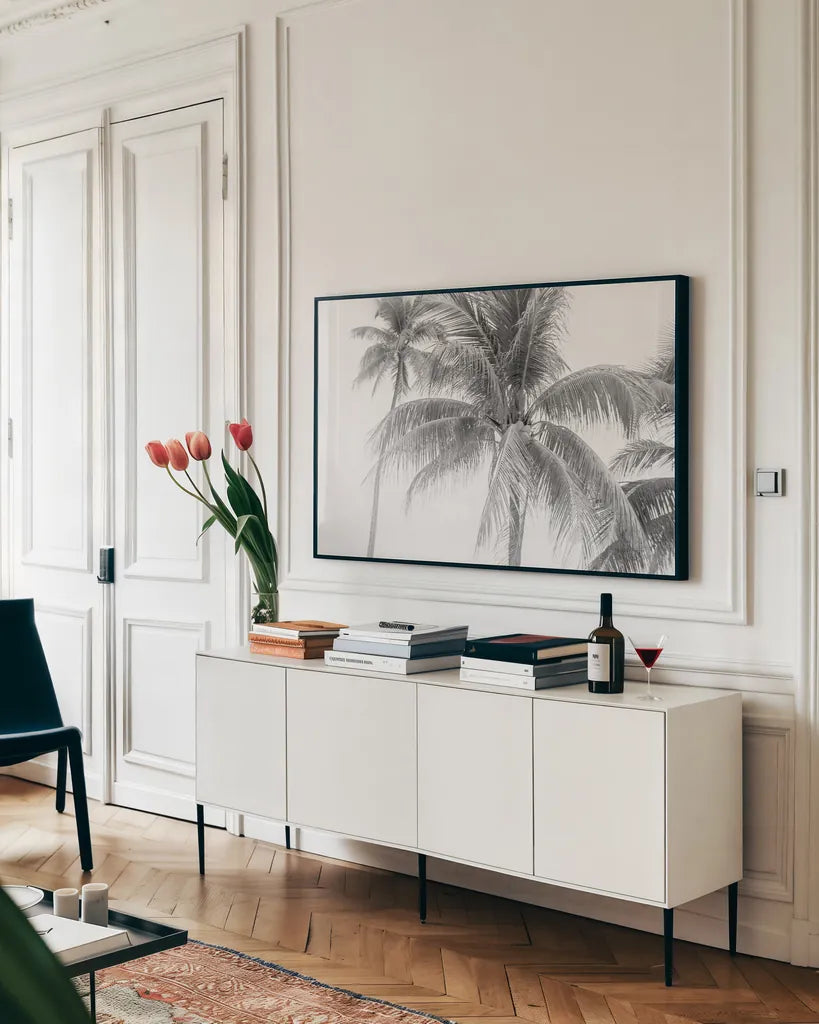 Breezy II by Elizabeth Urquhart. shown as a framed stretched canvas in a living room above a console. Available as a archival giclee rolled canvas, fine art paper, or poster print. SKU 50752i.