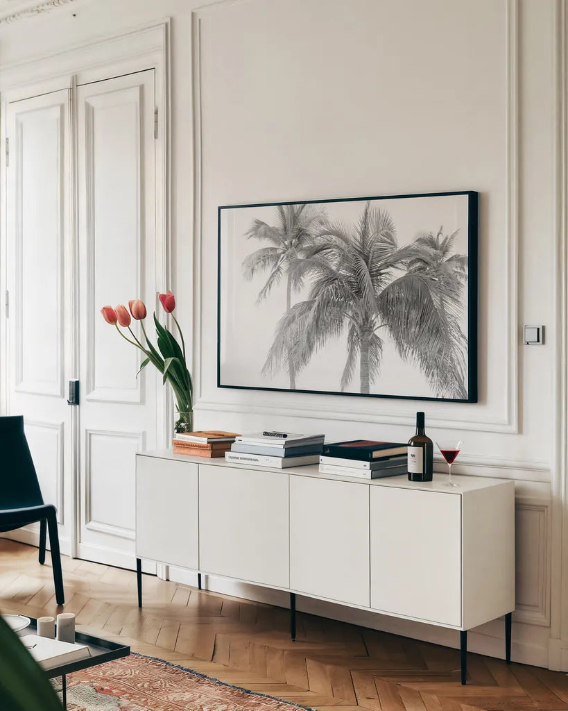 Breezy IV by Elizabeth Urquhart. shown as a framed stretched canvas in a living room above a console. Available as a archival giclee rolled canvas, fine art paper, or poster print. SKU 50754i.