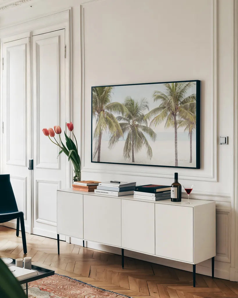 By the Sea I by Elizabeth Urquhart. shown as a framed stretched canvas in a living room above a console. Available as a archival giclee rolled canvas, fine art paper, or poster print. SKU 50749i.