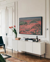 California Blooms II by Elizabeth Urquhart. shown as a framed stretched canvas in a living room above a console. Available as a archival giclee rolled canvas, fine art paper, or poster print. SKU 50746i.