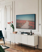 California Blooms IV by Elizabeth Urquhart. shown as a framed stretched canvas in a living room above a console. Available as a archival giclee rolled canvas, fine art paper, or poster print. SKU 50748i.
