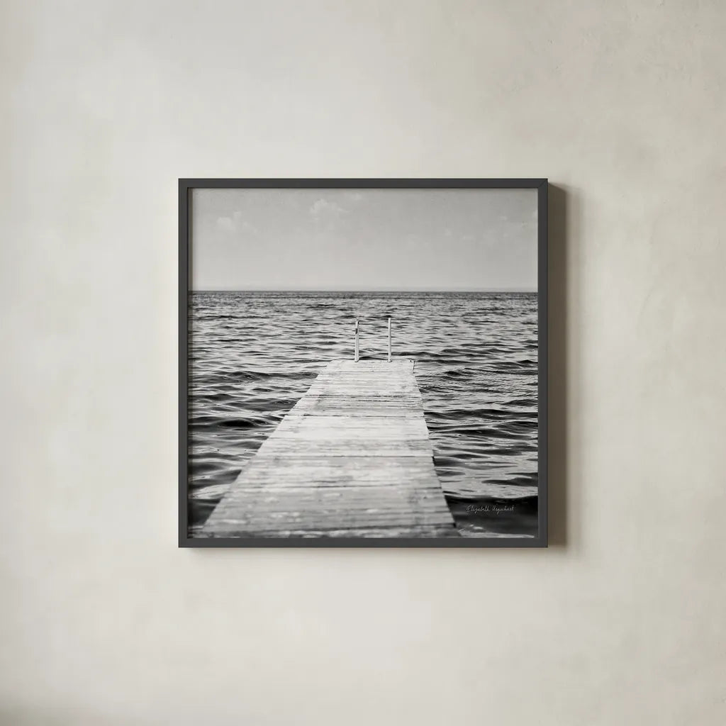 Calm Days I BW Crop by Elizabeth Urquhart. Shown in a sleek black glass frame for a contemporary gallery look. Available as an archival giclee rolled canvas, fine art paper, or poster print. SKU 27839a.