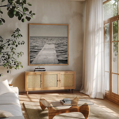 Calm Days I BW Crop by Elizabeth Urquhart. Shown in a natural wood frame in a cozy modern living room. Available as an archival giclee rolled canvas, fine art paper, or poster print. SKU 27839a.