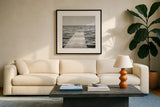 Calm Days I BW Crop by Elizabeth Urquhart. Displayed in a glass frame with matte in a clean modern living room. Available as an archival giclee rolled canvas, fine art paper, or poster print. SKU 27839a.