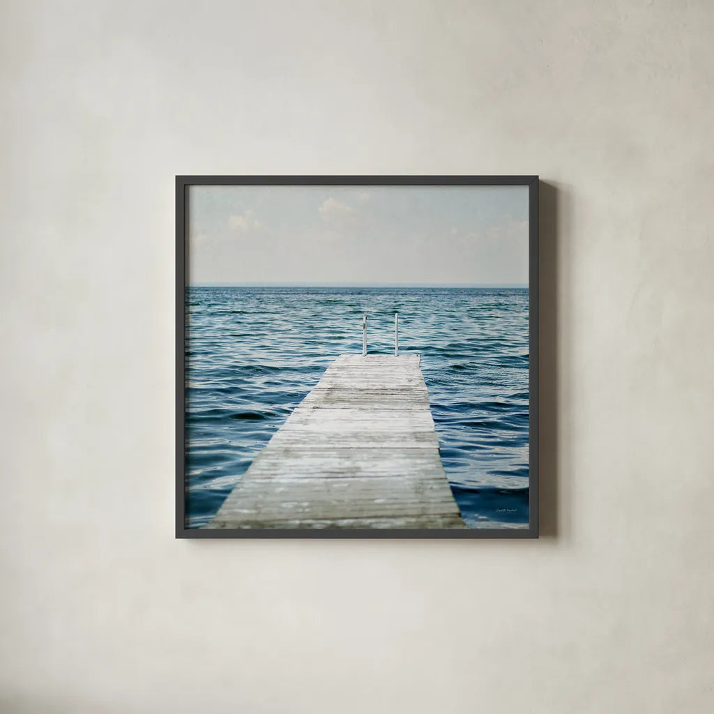 Calm Days I Crop by Elizabeth Urquhart. Shown in a sleek black glass frame for a contemporary gallery look. Available as an archival giclee rolled canvas, fine art paper, or poster print. SKU 23795a.