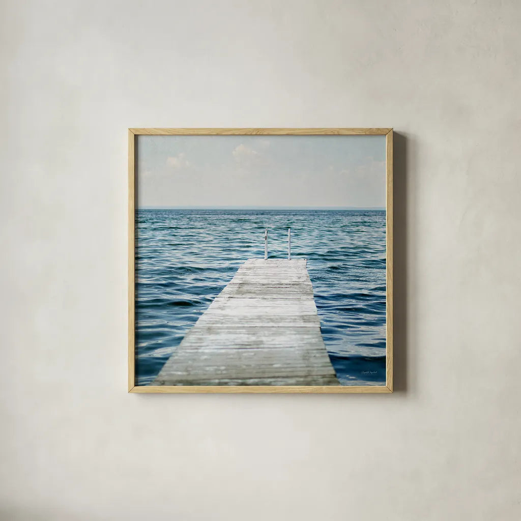 Calm Days I Crop by Elizabeth Urquhart. Shown in a natural wood glass frame for a timeless modern aesthetic. Available as an archival giclee rolled canvas, fine art paper, or poster print. SKU 23795a.